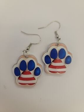 Patriotic Paw Print Dangle Earrings - Blue & Red